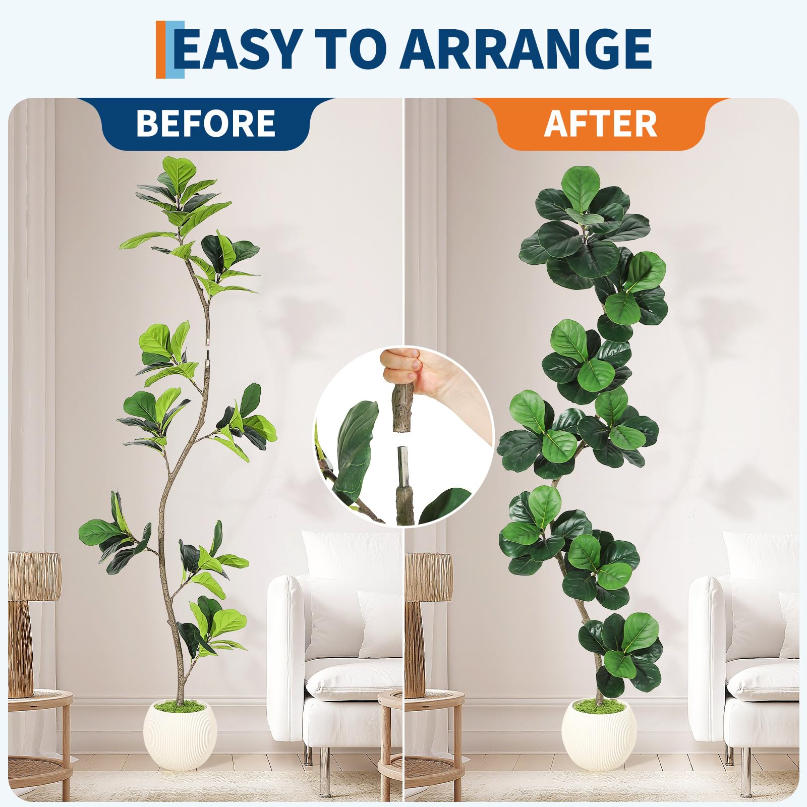Garvee Ficus lyrata artificiel 213 cm en forme de S, pot blanc, feuilles en soie réalistes et branches ajustables, intérieur et extérieur