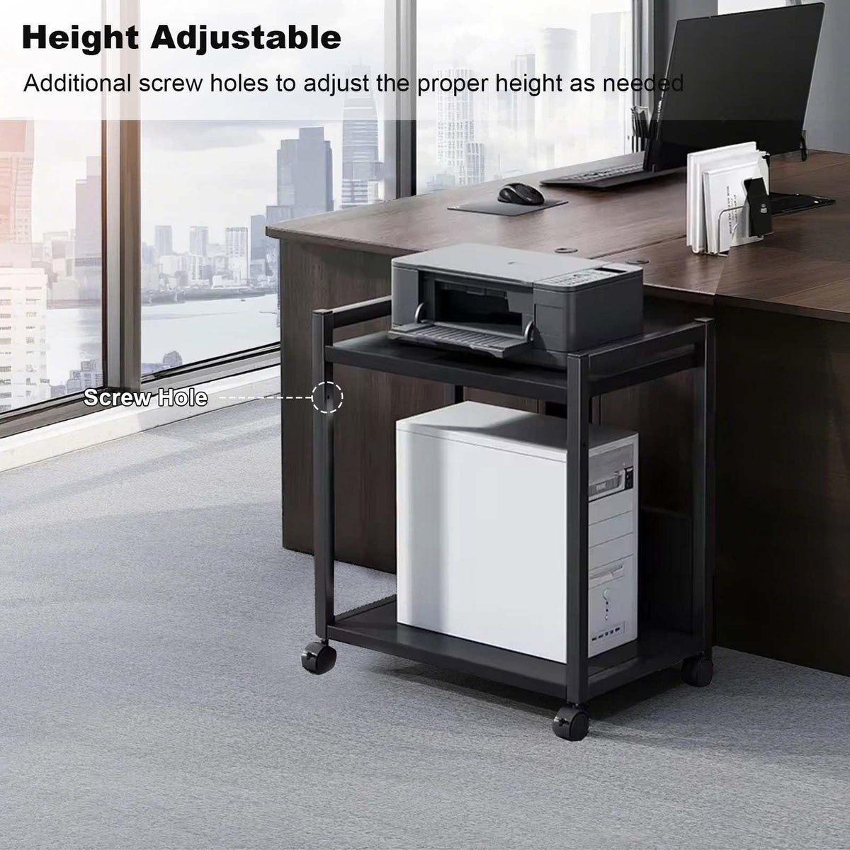 Garvee Support tour PC en métal à 2 niveaux, hauteur réglable, support unité centrale mobile avec roulettes, compact et stable pour bureau