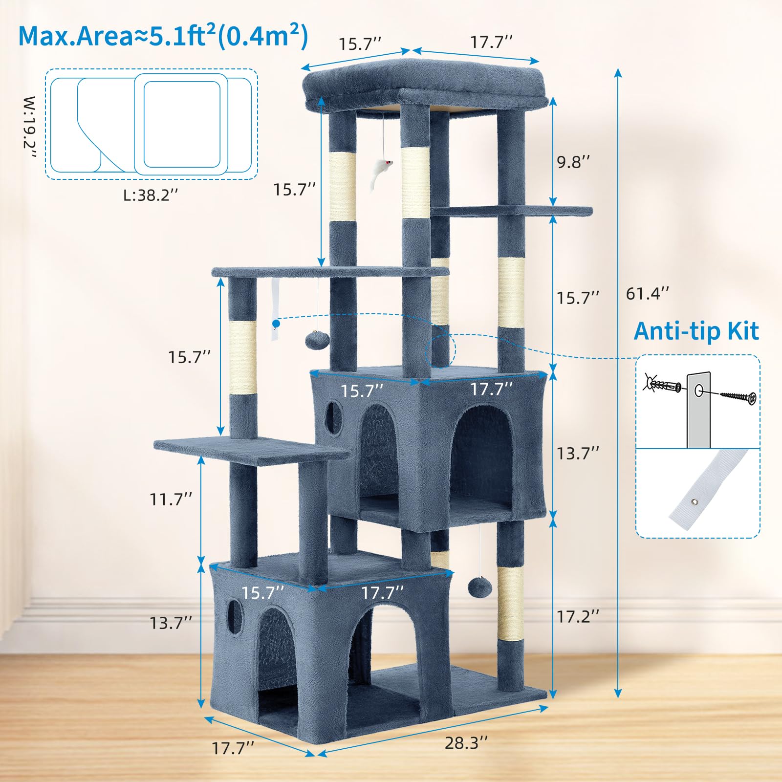 Garvee Arbre à Chat 155 cm Multi-Niveaux pour Grands Chats et Maine Coon, Grande Plateforme, 2 Niches, Sisal Naturel, Intérieur
