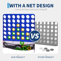 Système de jeu d'extérieur 3-en-1 Garvee Giant 4 Connect in a Row avec panier de basket et jeu de lancer d'anneaux, idéal pour les fêtes de famille, le jardin et la plage. Fabriqué en PE et PP, hauteur réglable et système de fixation rapide.