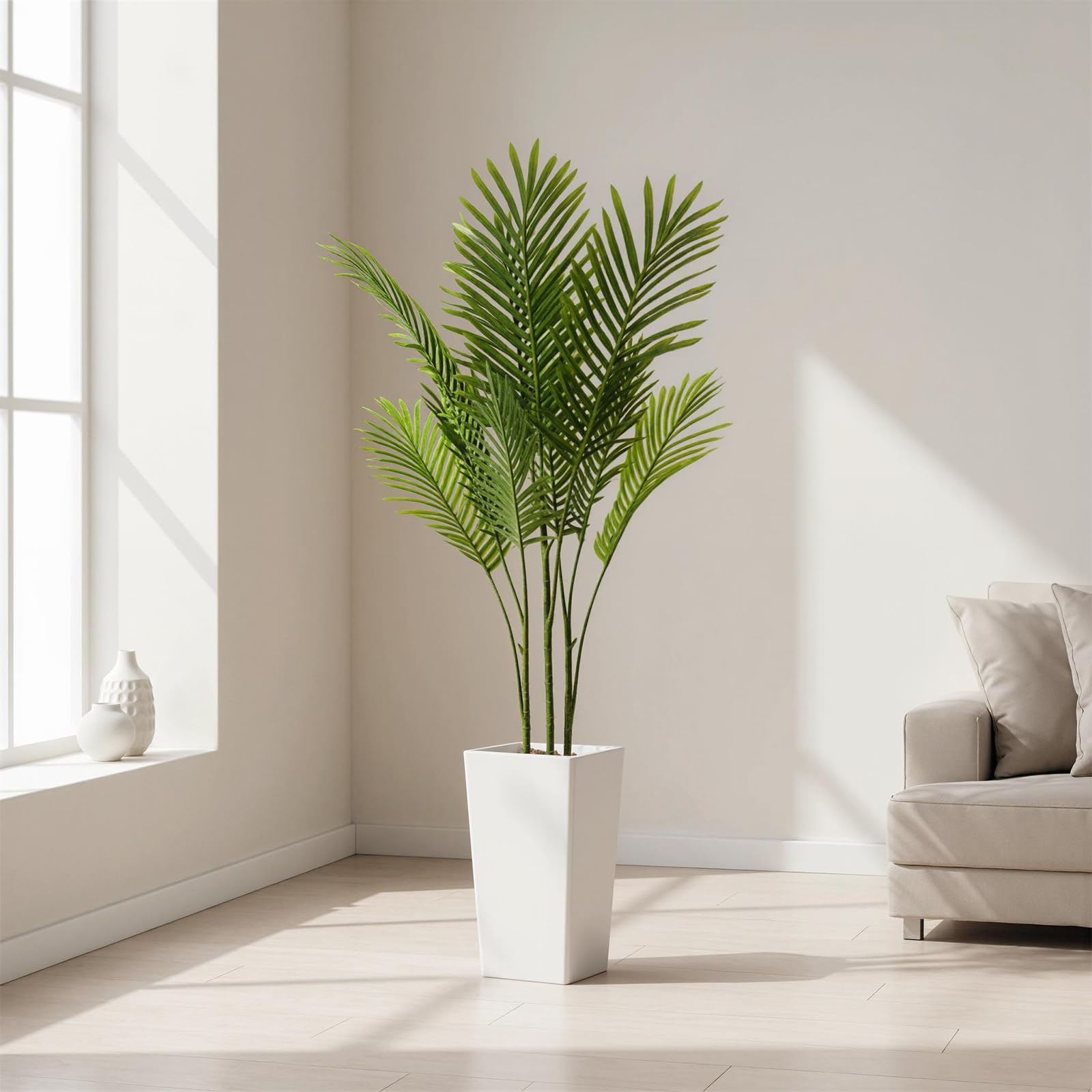 Palmier artificiel Areca Garvee de 1,46 m avec pot blanc haut, feuilles réalistes, PEVA imperméable, décoration intérieure pour salon ou bureau