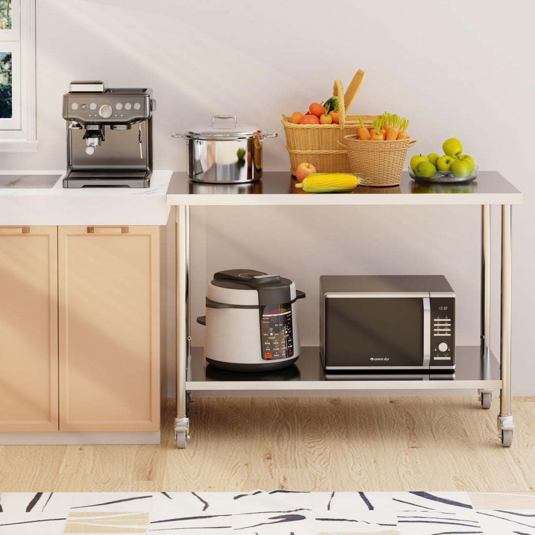 Garvee Table de travail en acier inoxydable, 122 x 61 x 89 cm, étagère réglable en hauteur, roulettes pivotantes à 360°, certifiée NSF