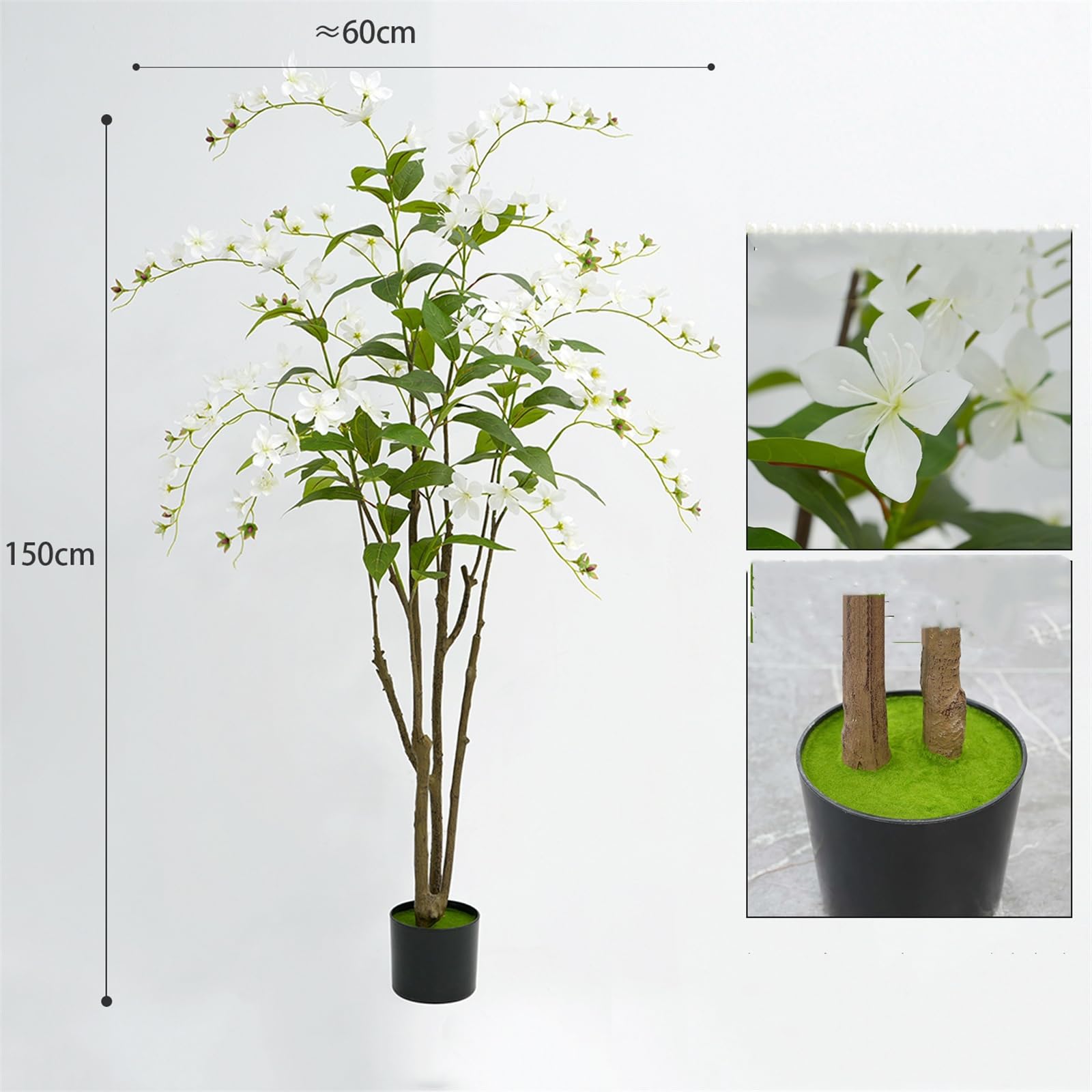 Jasmin artificiel Garvee de 1,5 m, feuillage pleureur, aspect soie blanc réaliste, avec pot, idéal pour le salon ou le bureau.