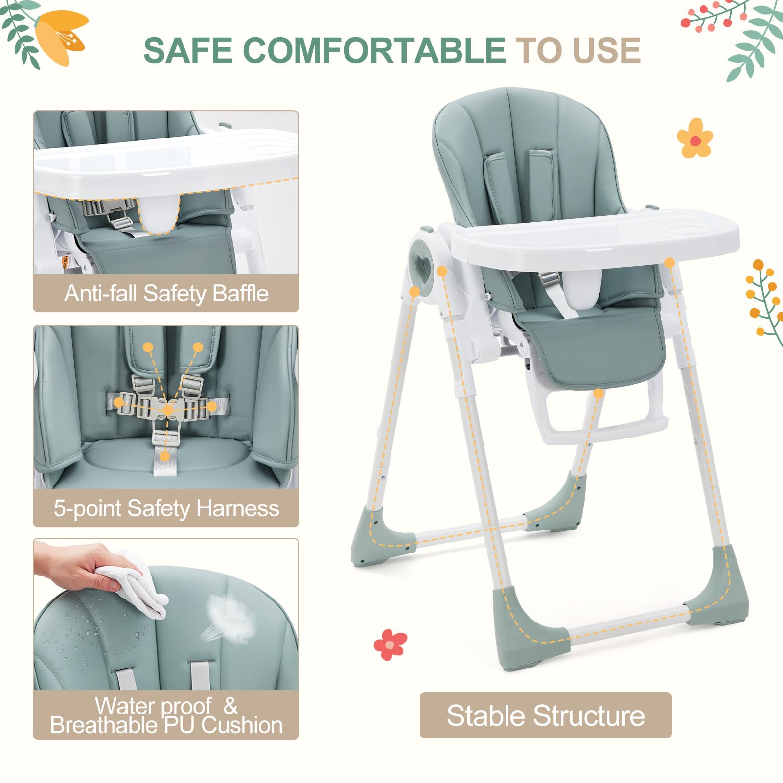 Chaise haute pliable Garvee verte pour bébé – Hauteur réglable avec harnais 5 points et double tablette pour bébés jusqu'à 22,5 kg