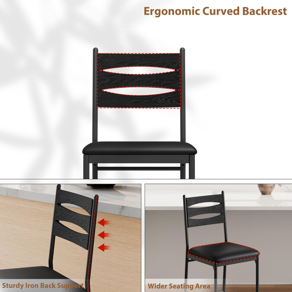 Ensemble de 2 tabourets de bar Garvee, en bois, assise et dossier rembourrés, revêtement en similicuir, repose-pieds, noir, pour îlot de cuisine et appartement