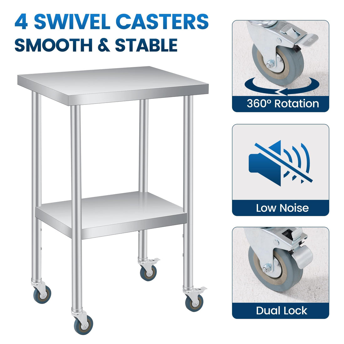 Garvee table de travail inox 61 × 46 cm avec 4 roulettes et étagère inférieure réglable