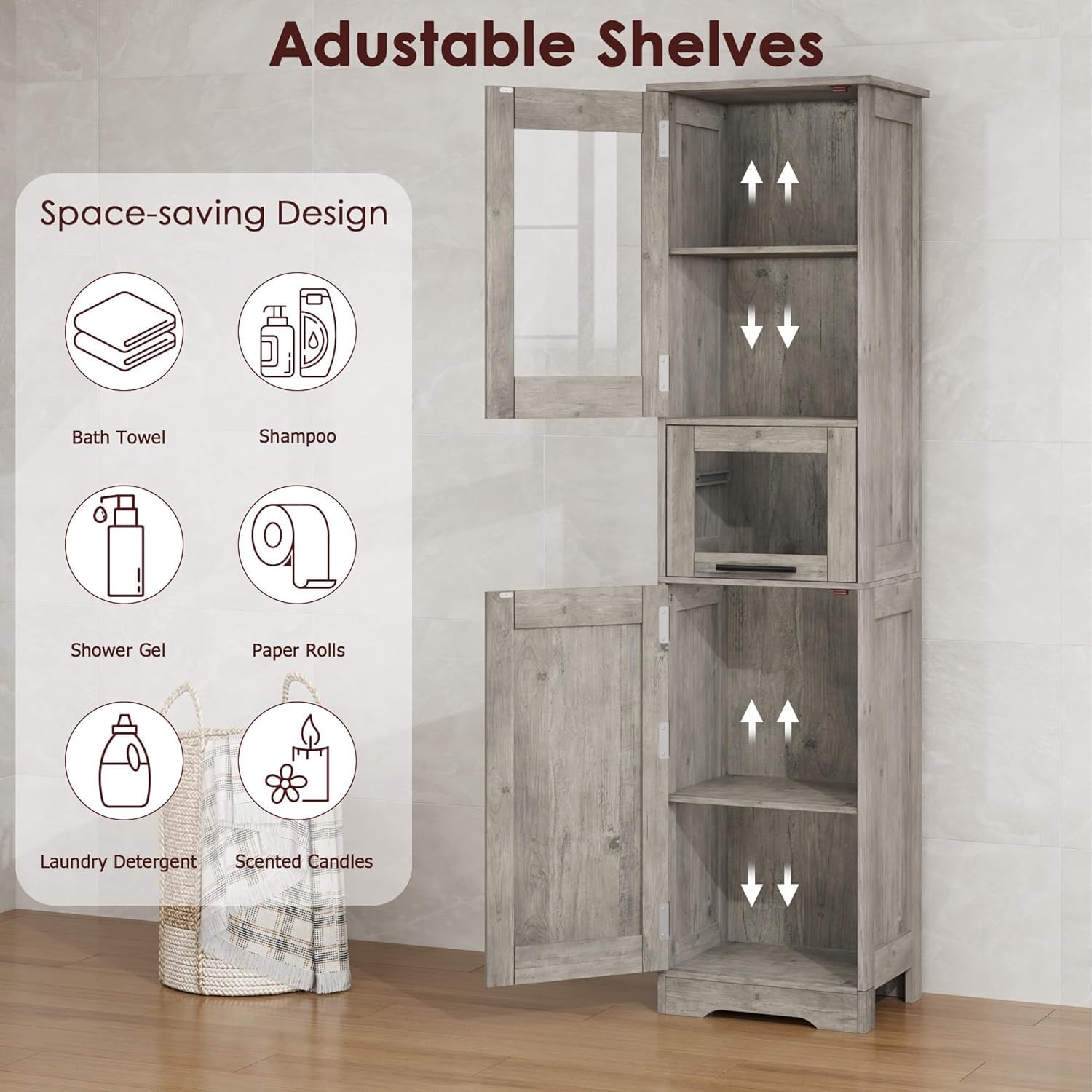 Meuble de salle de bain haut et étroit Garvee avec étagère réglable pour petits espaces, 170 cm, MDF, design moderne, portes vitrées, blanc