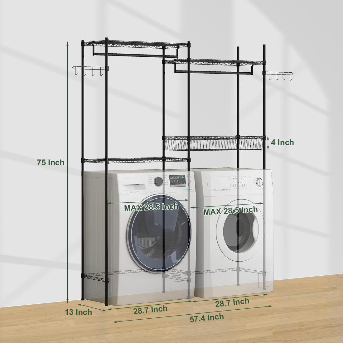 Garvee étagère pour lave, linge et sèche, linge, réglable en hauteur, en acier noir avec panier à linge pour buanderie, largeur 146 cm (145,8 cm)