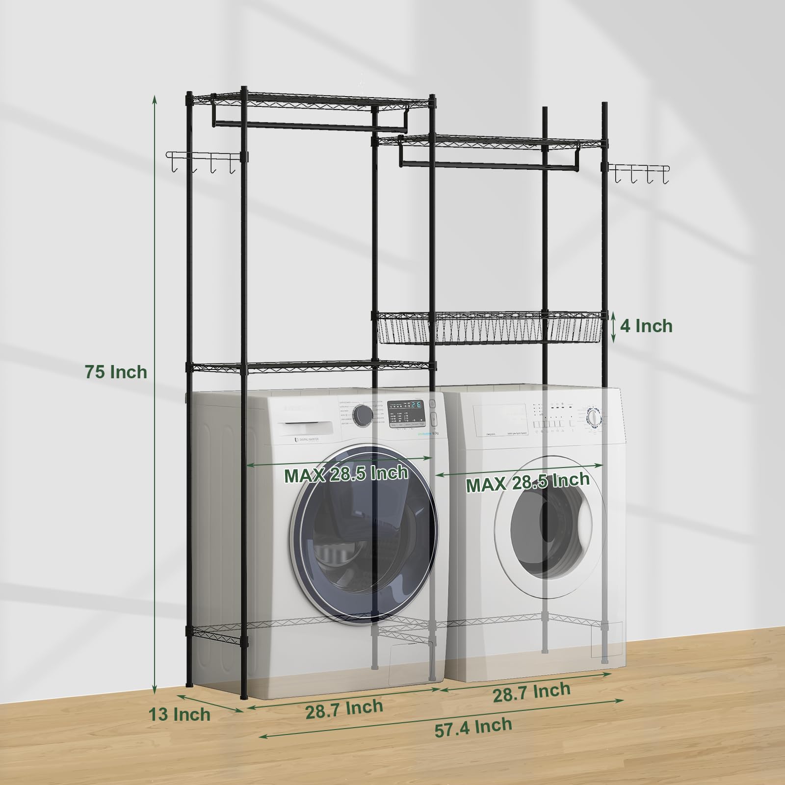 Étagère Garvee pour lave-linge et sèche-linge, réglable en hauteur, en acier noir avec panier à linge pour buanderie, largeur 146 cm (57,4 po)