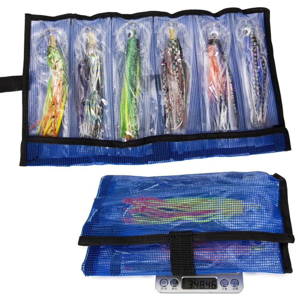 Leurre de pêche à la traîne Garvee, jupes de calamar de 16,5 cm, ensemble de leurres pour la pêche en haute mer avec sac de rangement à 6 compartiments, équipement de pêche en eau salée de 16 cm.