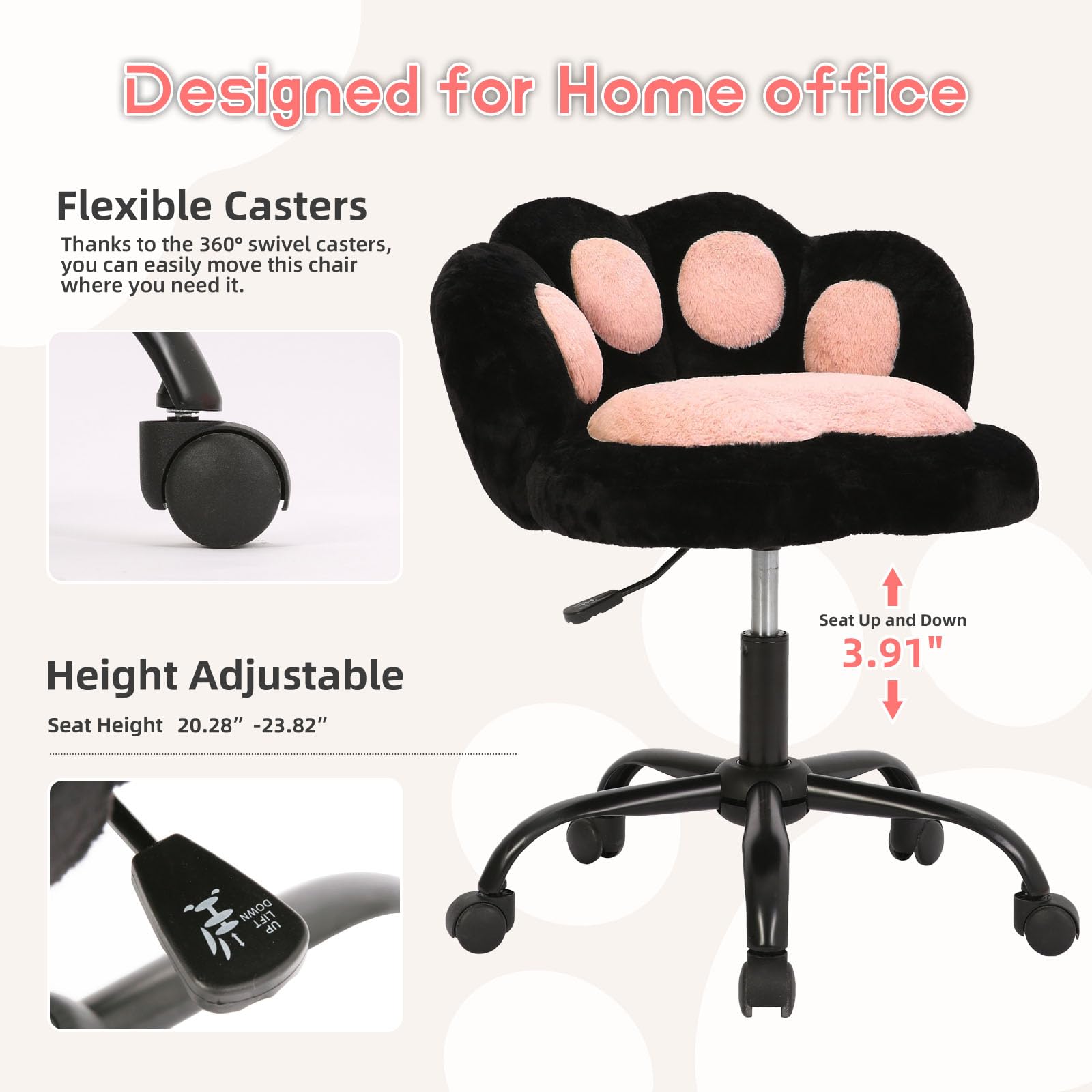 Chaise de coiffeuse Garvee à roulettes, pivotante à 360°, réglable en hauteur, en polaire douce, motif patte de chat, idéale pour la chambre et le bureau, renforcée en nylon, confortable