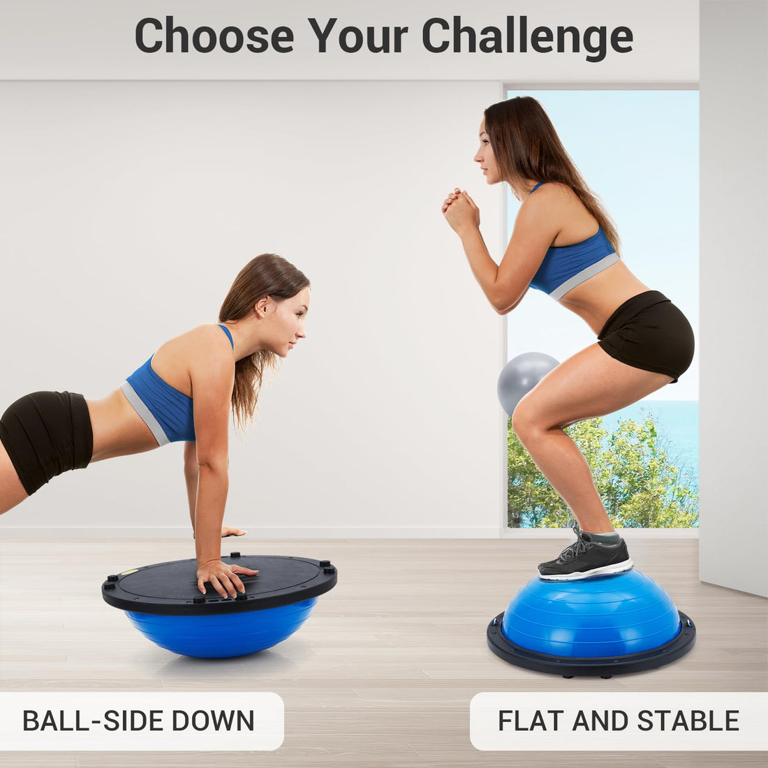 Ballon d'équilibre demi-sphère Garvee de 58 cm (23 po) avec 2 élastiques et pompe pour le yoga et la musculation. Couleur bleue. Capacité de charge : 725 kg (1 6 lb). Base antidérapante.