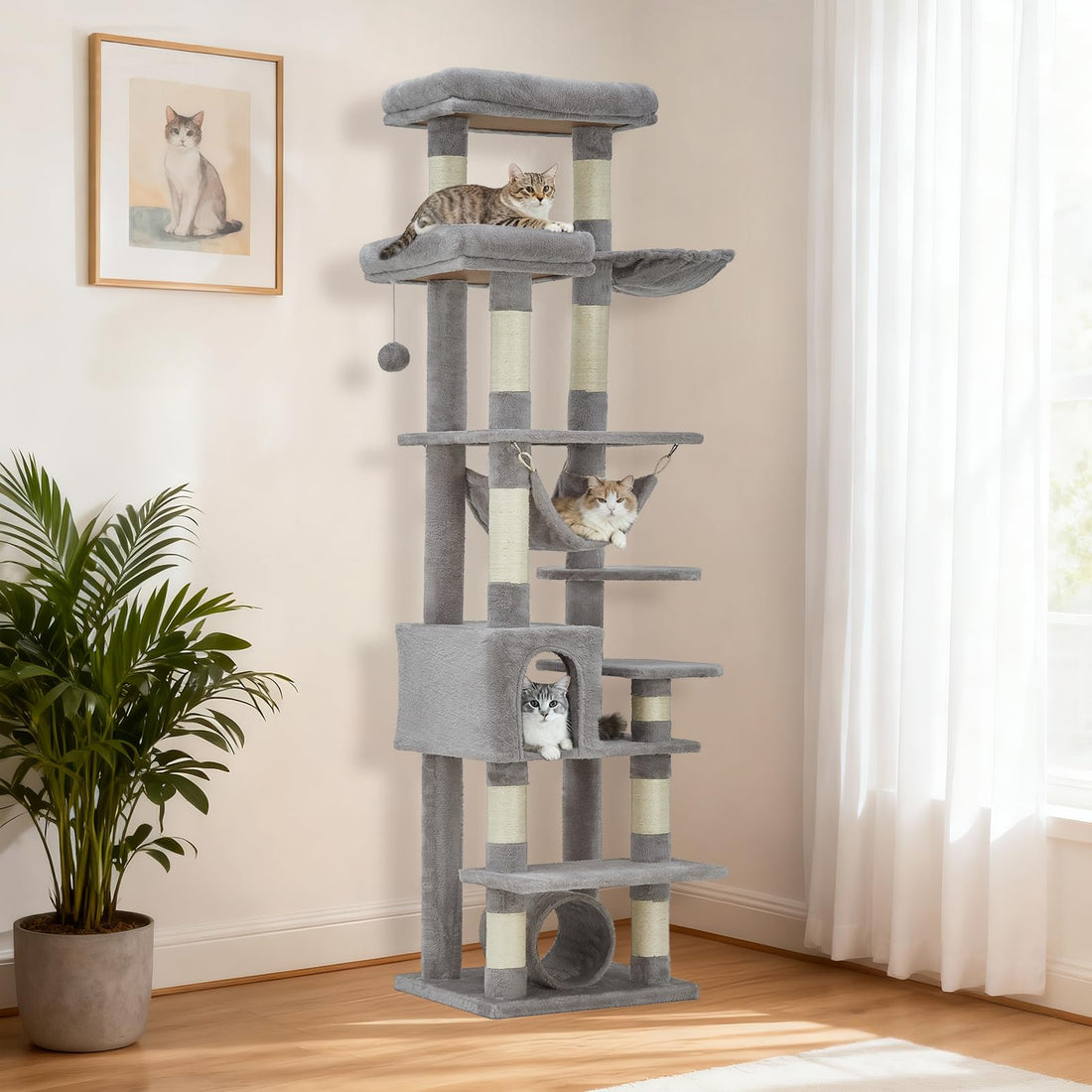 Garvee Arbre à Chat XXL 188 cm pour Grands Chats, Structure Stable avec 11 Griffoirs et Hamac, Meuble pour Chat en Bois Robuste et Peluche Douce, Gris clair