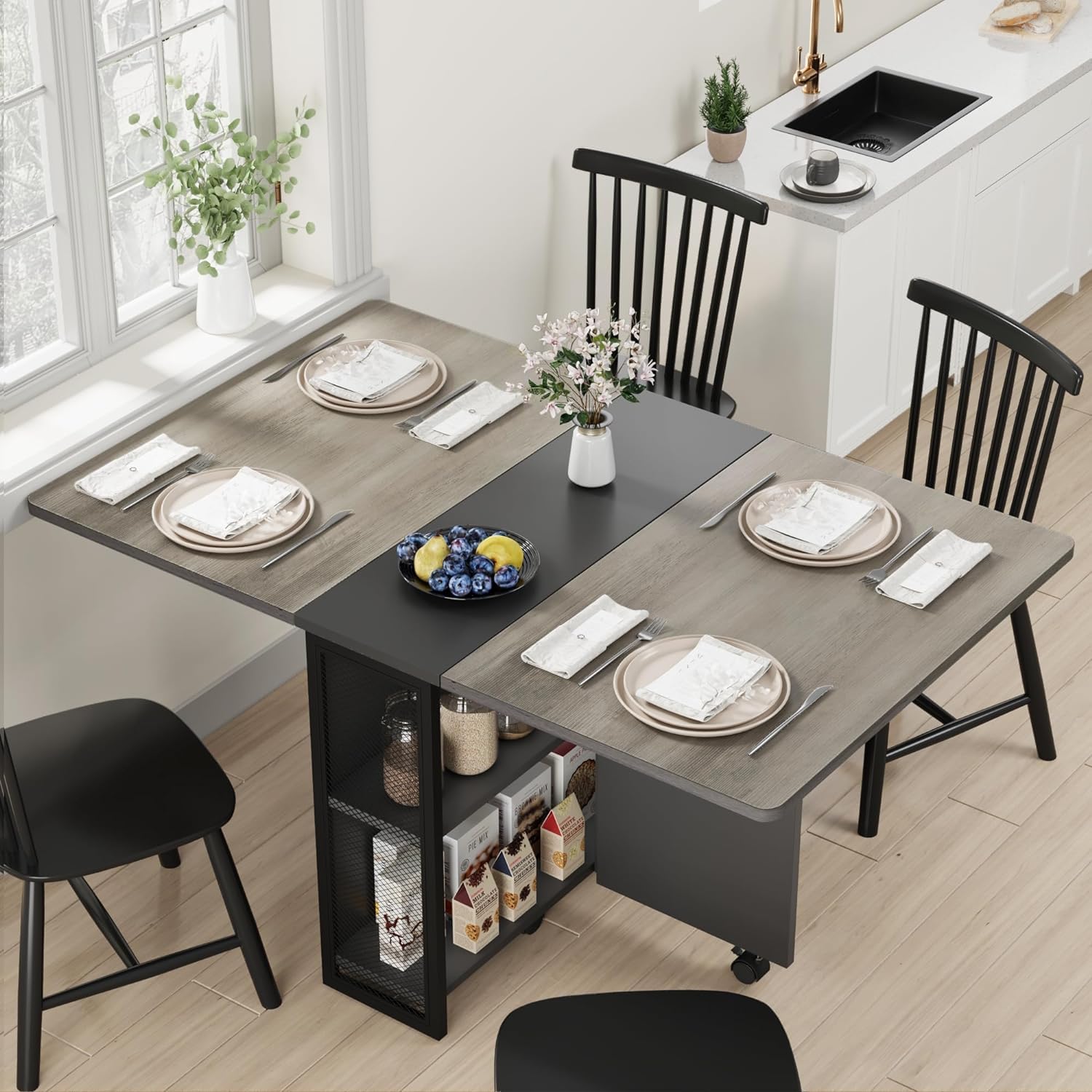 Garvee Table à Manger Pliante Grise avec Rangement 2 Niveaux, Table de Cuisine Extensible à Rabats, Rectangulaire pour 4, Gain de Place, Bureau et Maison