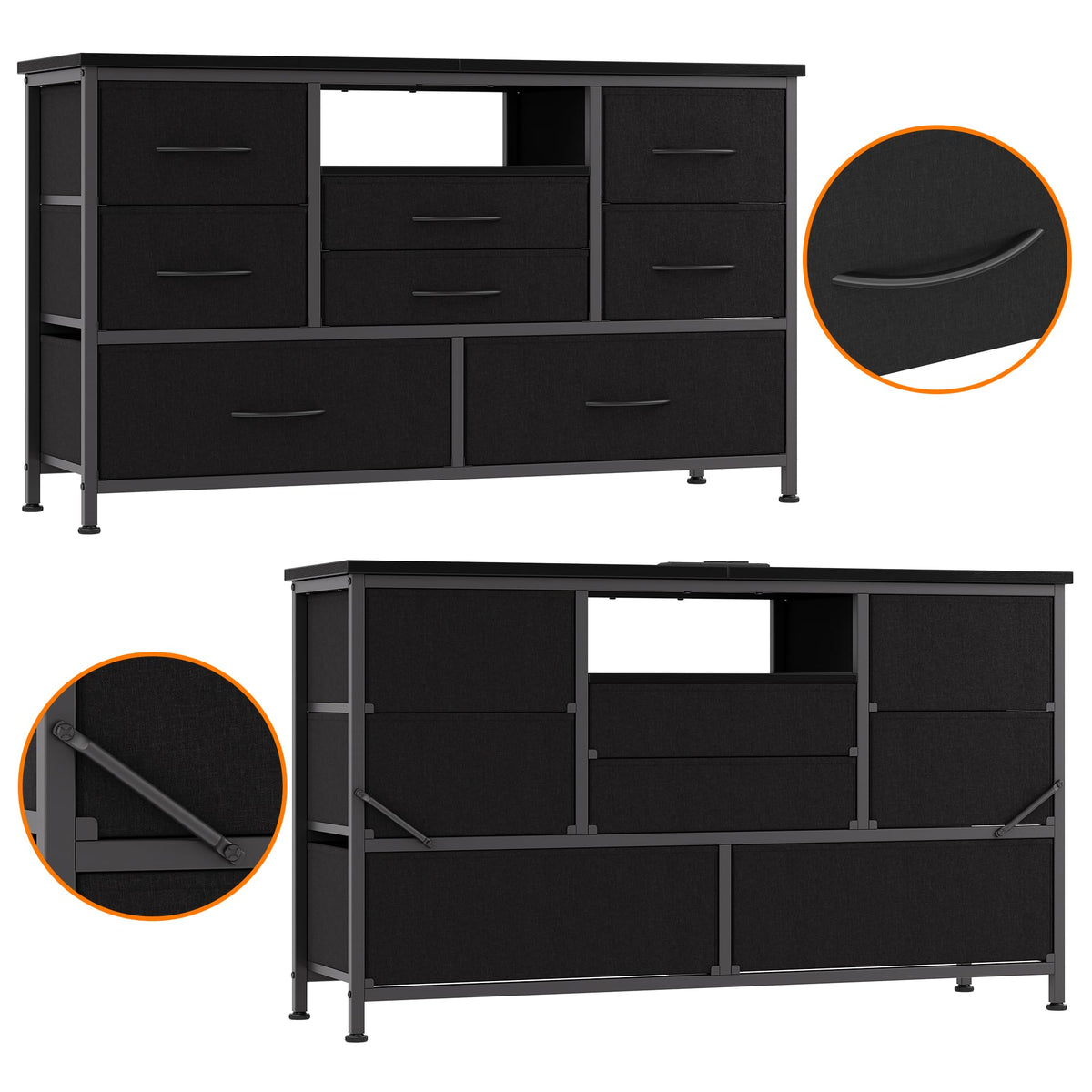Garvee Meuble TV à 8 tiroirs avec éclairage LED et prise électrique pour salon et chambre, en MDF, grand format, léger, avec système de gestion des câbles