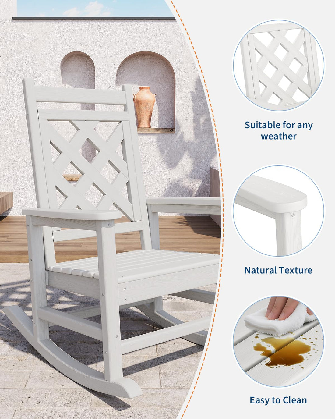 Fauteuil à bascule d'extérieur Garvee en PEHD résistant aux intempéries avec imitation bois pour terrasse et jardin, capacité de charge de 172 kg, blanc, ergonomique et facile à nettoyer