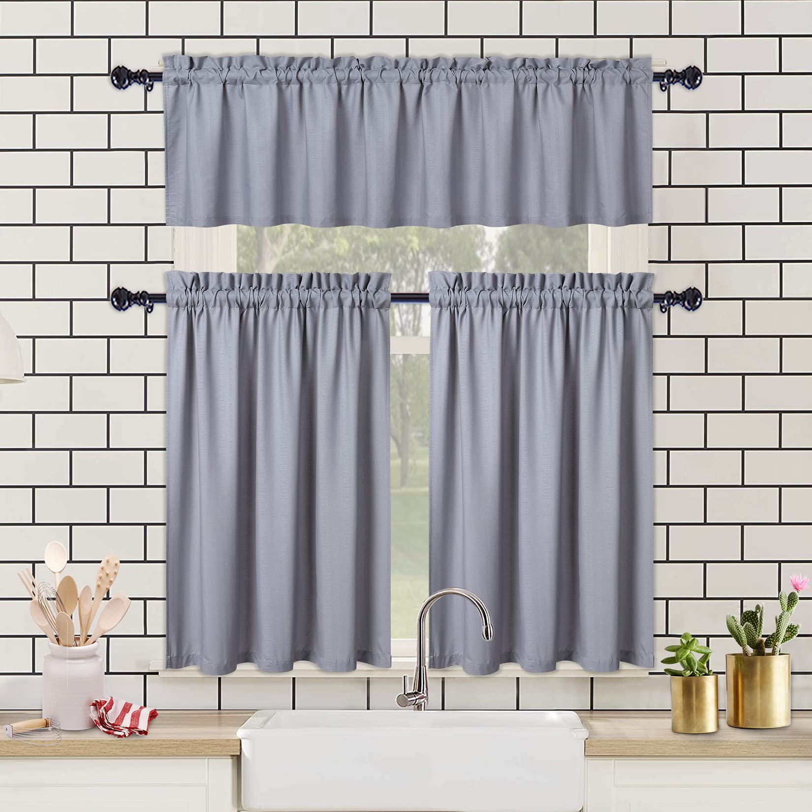 Rideaux de cuisine imperméables Garvee à texture en relief, rideaux courts pour petites fenêtres (5,1 x 76,2 cm), gris, pour cuisine, salle de bain, chambre, salon