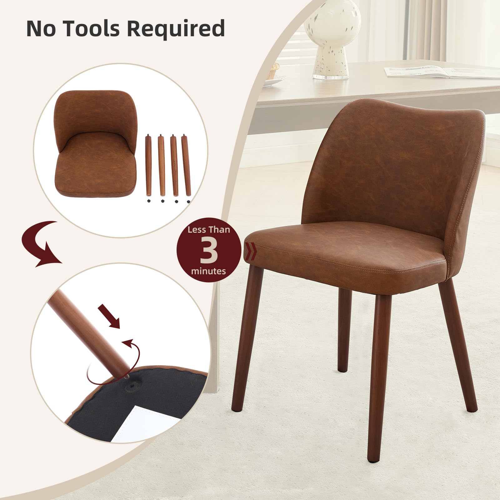 Ensemble de 2 chaises de salle à manger Garvee, cuir, dossier à oreilles, pieds en bois, style moderne, marron, pour salle à manger et salon