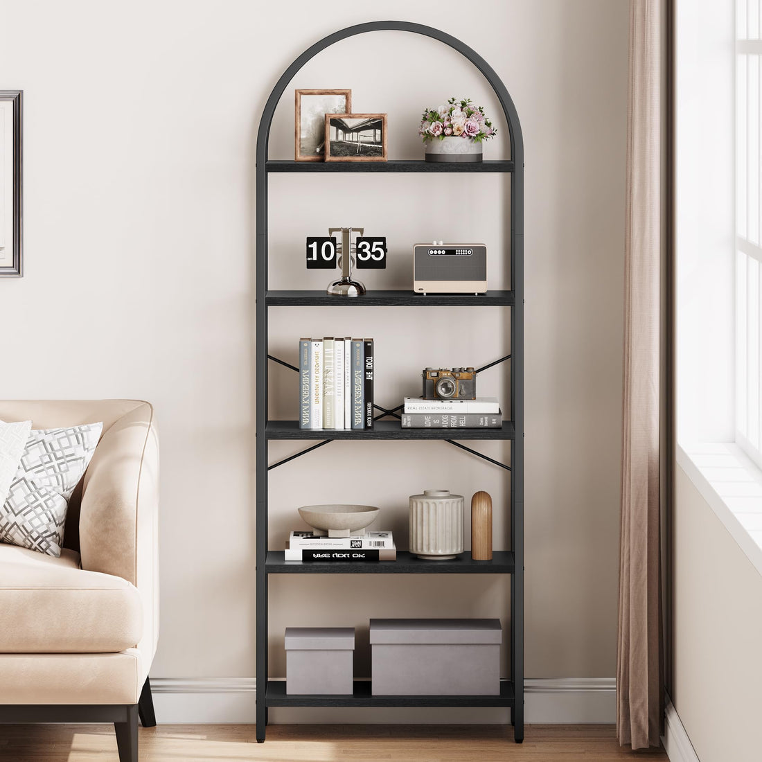 Garvee Étagère à 5 niveaux avec structure en métal, grande étagère ouverte, étagères arquées, noire pour salon et bureau