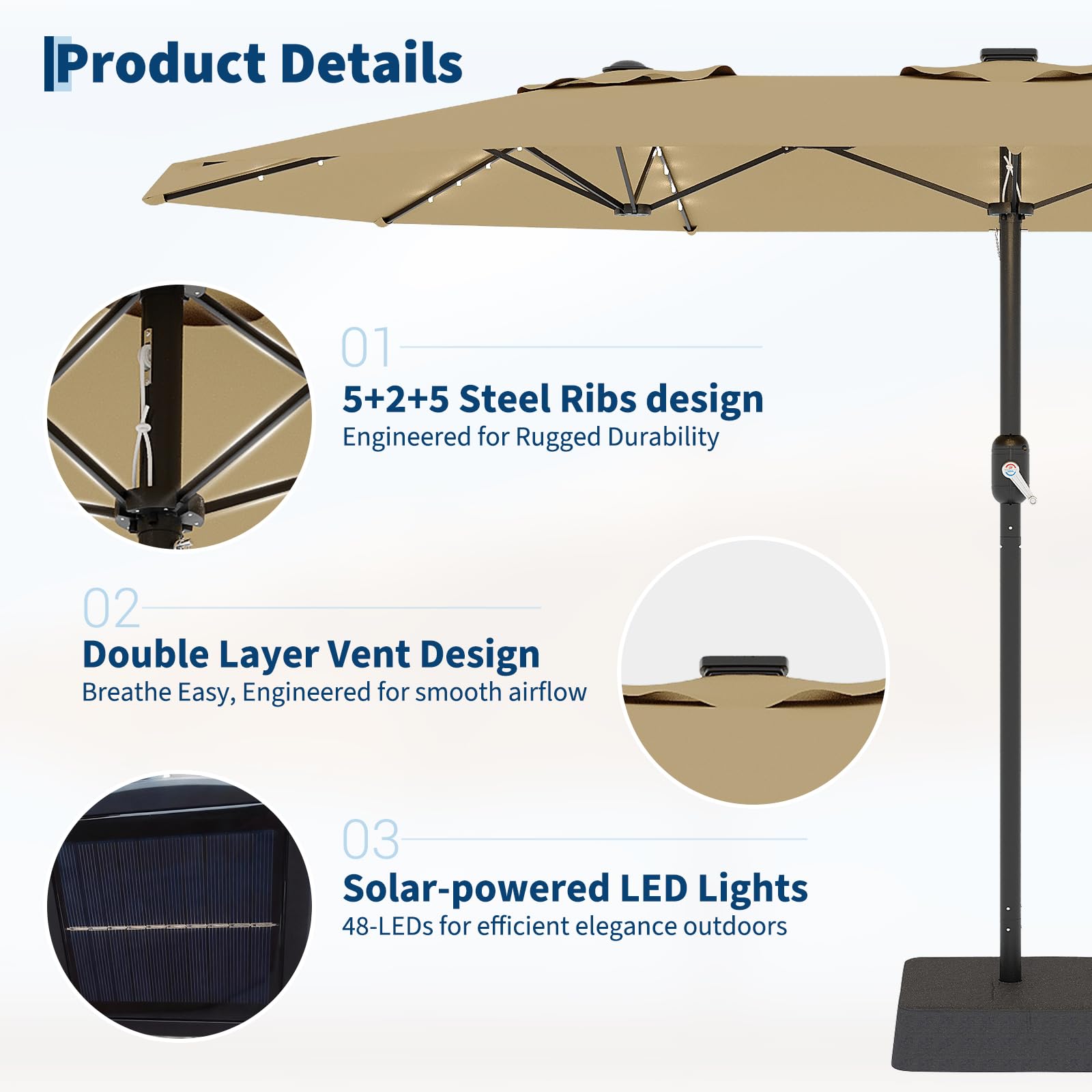 Garvee Parasol de Jardin 270 × 450 cm avec LED et Recharge Solaire, Protection UV, Toile Polyester Imperméable, Cadre en Fer Antirouille, Inclinaison Réglable
