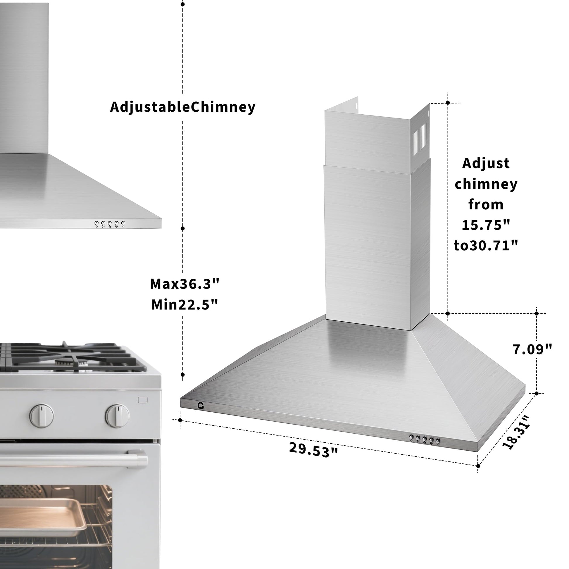 Hotte Garvee 76 cm (30 pouces) avec filtre en aluminium pour cuisine, 250 pi³/min (7 m³/min), commandes tactiles et télécommande, silencieuse, convertible, argent