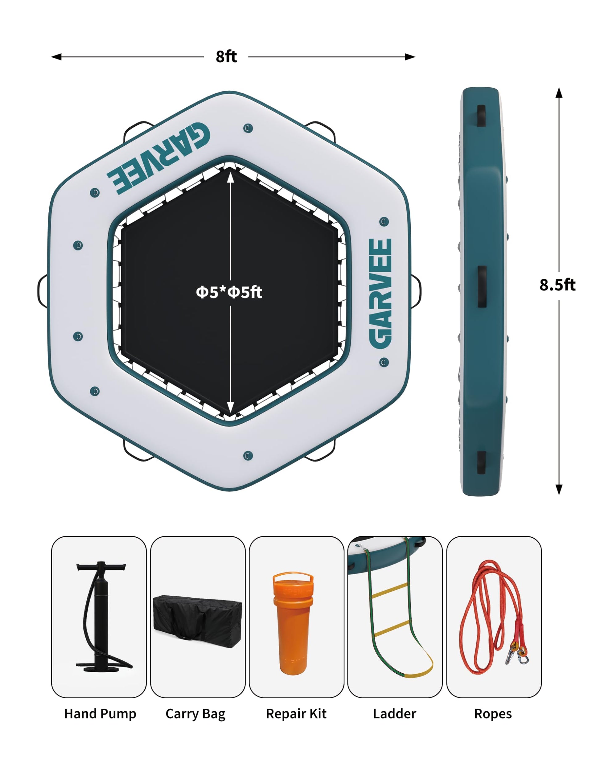 Garvee Hamac aquatique gonflable hexagonal 259 cm, plateforme flottante en PVC marin avec bassin central en maille 152 cm, anneaux inox modulaires et pompe manuelle, blanc et bleu
