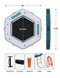 Garvee Hamac aquatique gonflable hexagonal 259 cm, plateforme flottante en PVC marin avec bassin central en maille 152 cm, anneaux inox modulaires et pompe manuelle, blanc et bleu