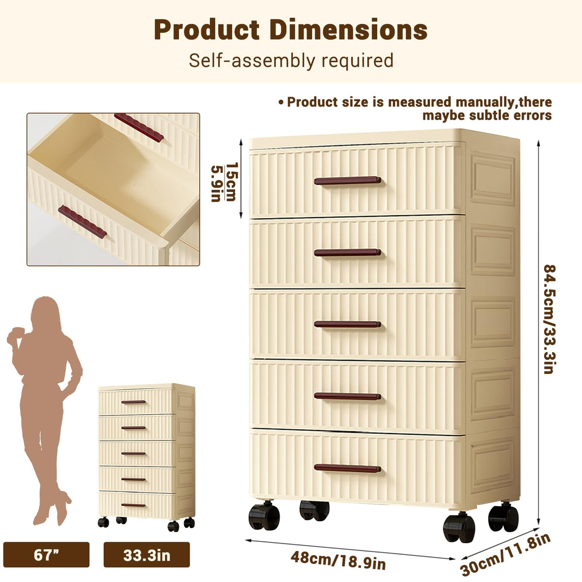 Garvee Meuble de rangement multifonctionnel à 5 tiroirs, roulettes, plastique, couleur crème, 48cm, pour chambre et salon