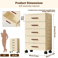 Garvee Meuble de rangement multifonctionnel à 5 tiroirs, roulettes, plastique, couleur crème, 48cm, pour chambre et salon