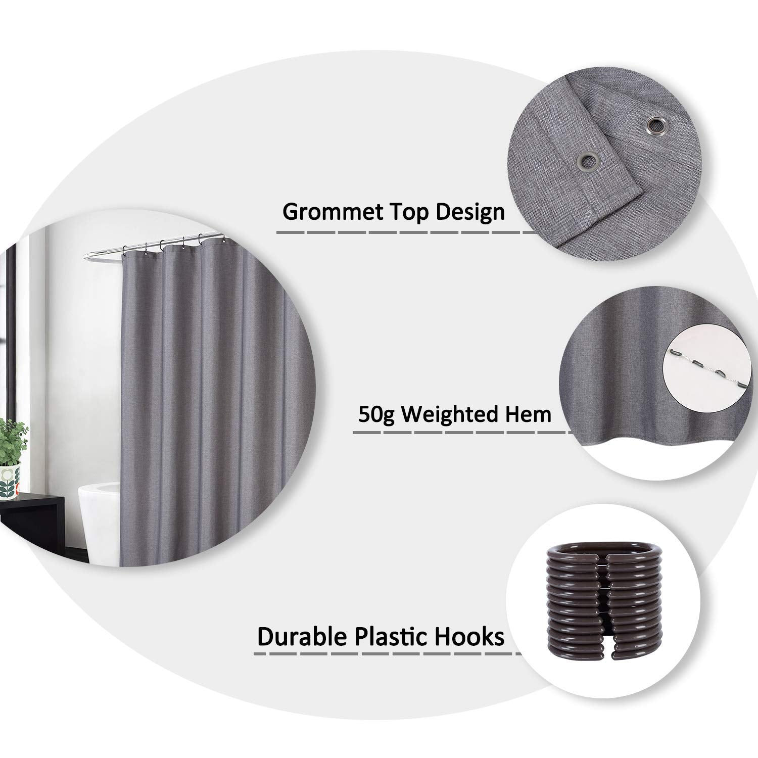 Rideau de douche Garvee Luxury Hotel, en polyester épais aspect lin 240 g/m², déperlant, avec œillets et crochets métalliques, gris, 280 x 200 cm, salle de bain