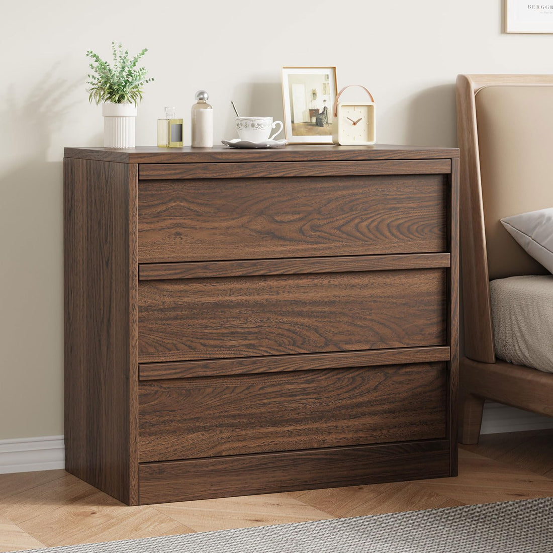 Commode Garvee à 3 tiroirs, noyer, offrant un grand espace de rangement pour la chambre, le salon et le couloir, 75 cm x 40 cm x 77 cm, design moderne