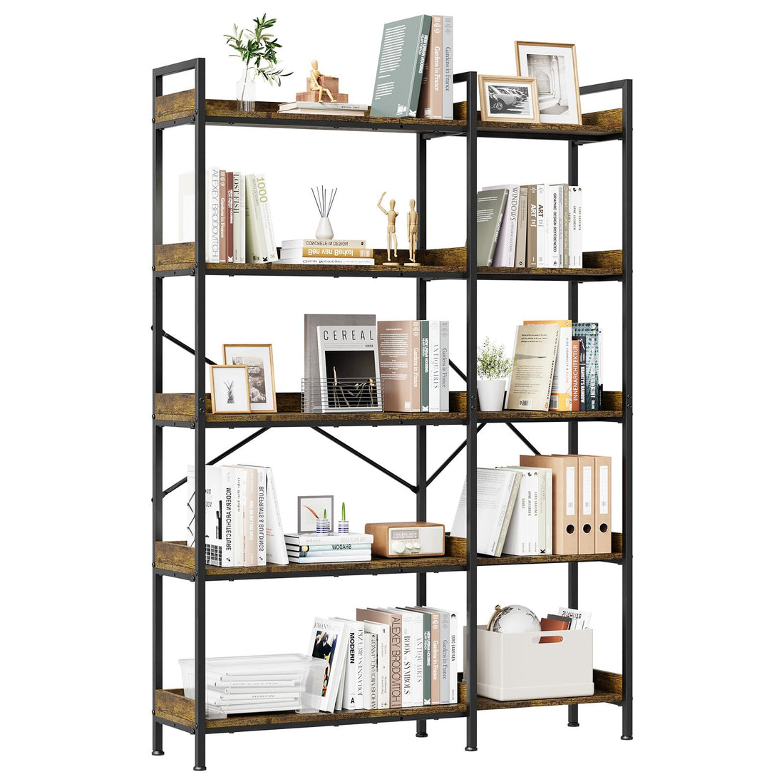 Garvee bibliothèque triple à 5 niveaux avec structure en acier, 14 étagères ouvertes, pour salon et bureau, 109 × 25 × 160 cm, noire