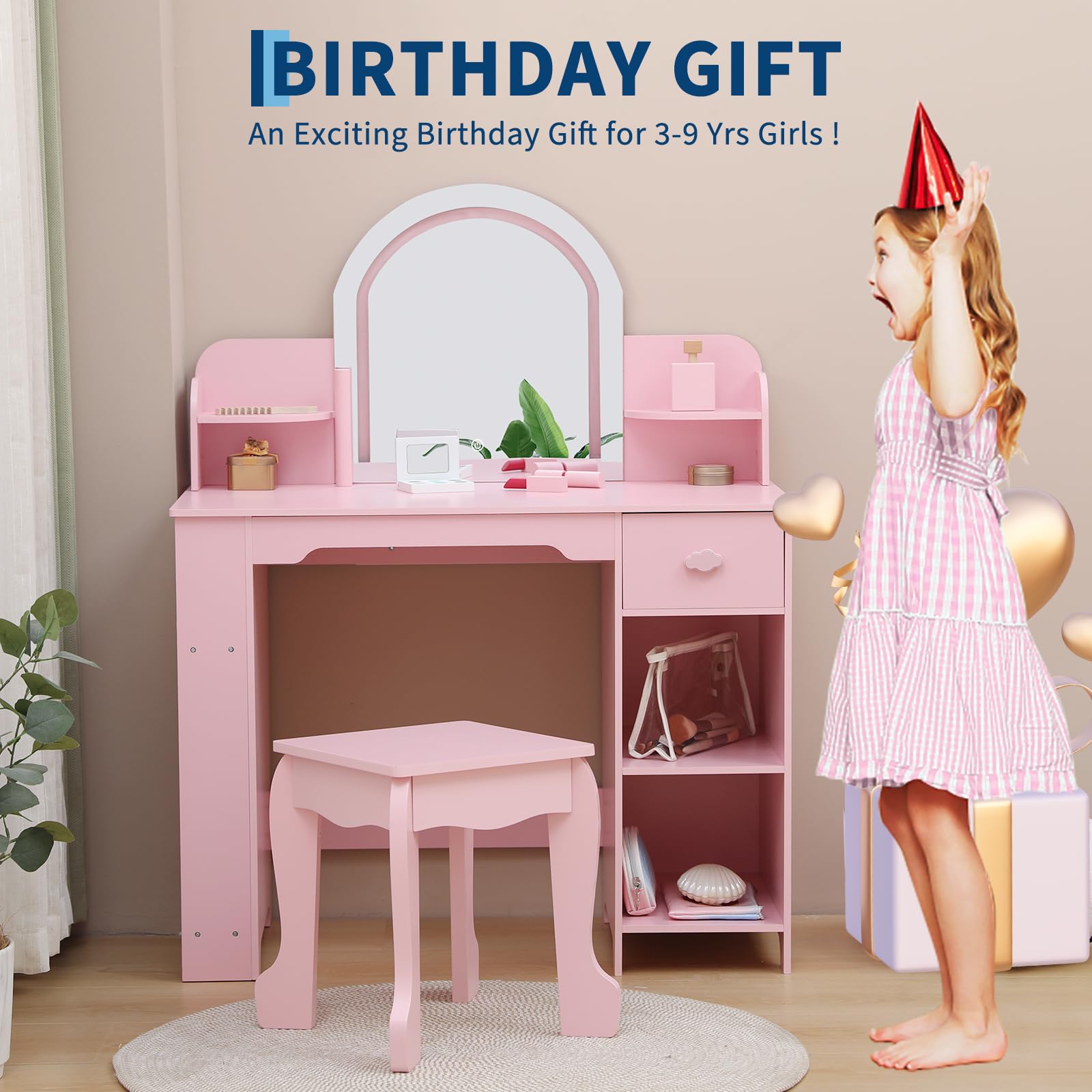 Coiffeuse Garvee pour enfants avec lumière LED, tabouret et étagère, en MDF rose, pour filles de 3 à 9 ans, chambre et salle de jeux
