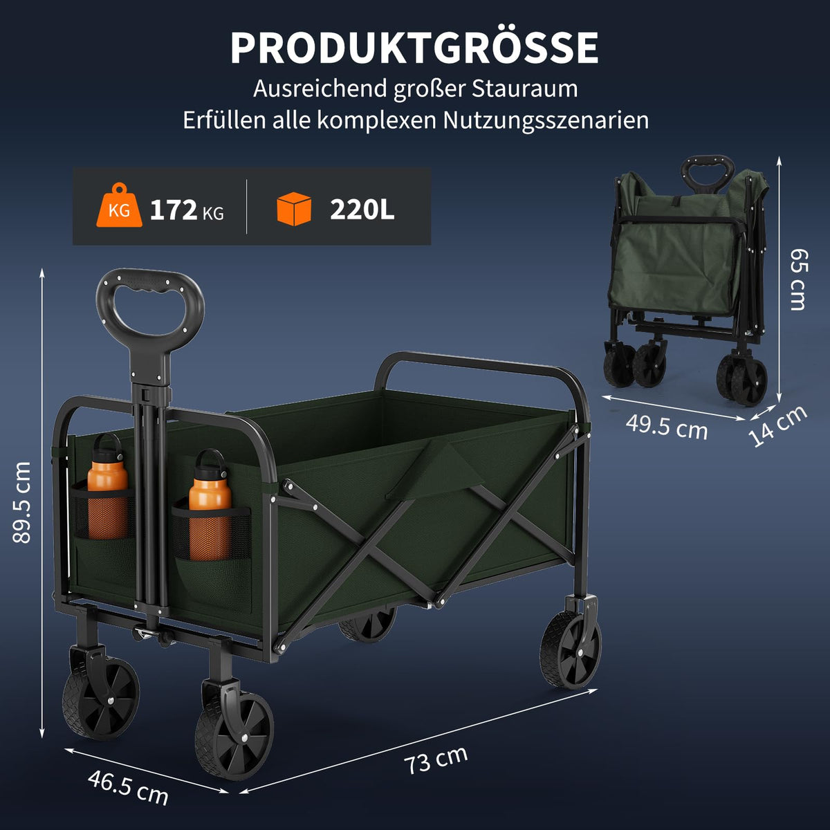 Garvee Chariot pliable XL charge 172 kg, cadre acier, tissu Oxford 600D, roues tout-terrain 13 cm, pour camping plage jardin, vert olive