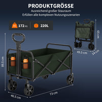 Garvee Chariot pliable XL charge 172 kg, cadre acier, tissu Oxford 600D, roues tout-terrain 13 cm, pour camping plage jardin, vert olive