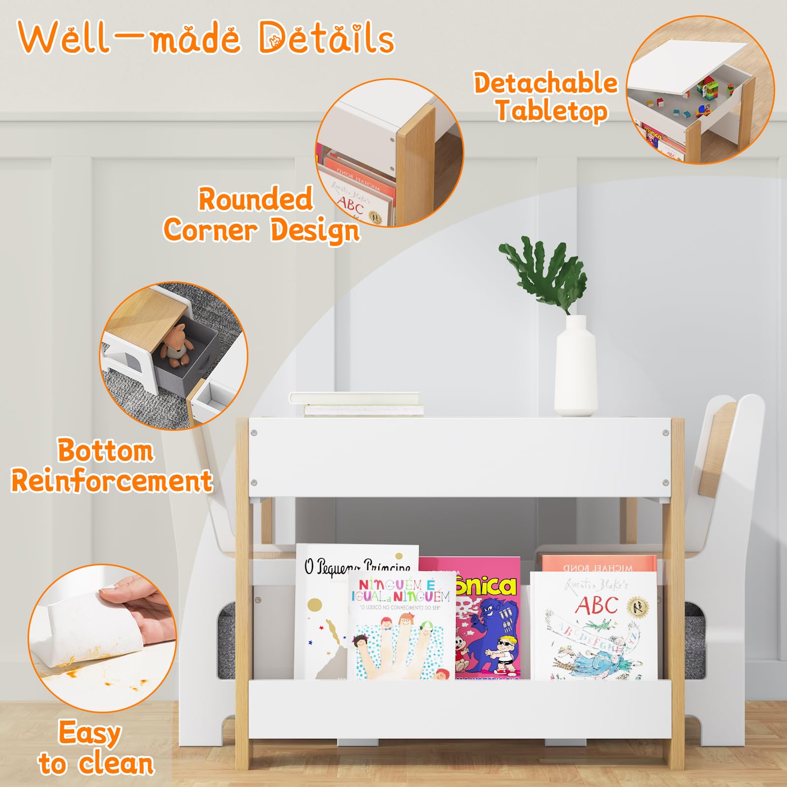 Ensemble table et chaises pour enfants Garvee 4 en 1, table d'activités avec rangement, bois, multifonctionnelle, sûre, pour chambre d'enfant