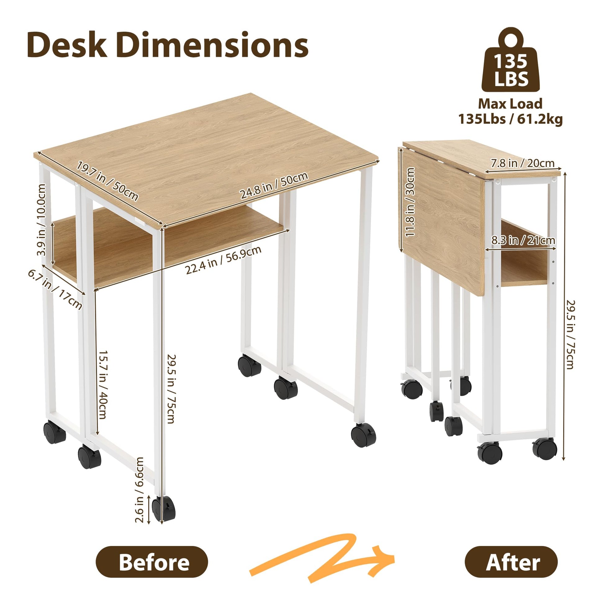 Bureau pliant à roulettes Garvee, bureau d'ordinateur pliable de 63 cm (24,8 po), structure en acier, idéal pour le bureau à domicile et la salle d'étude, gain de place, noir
