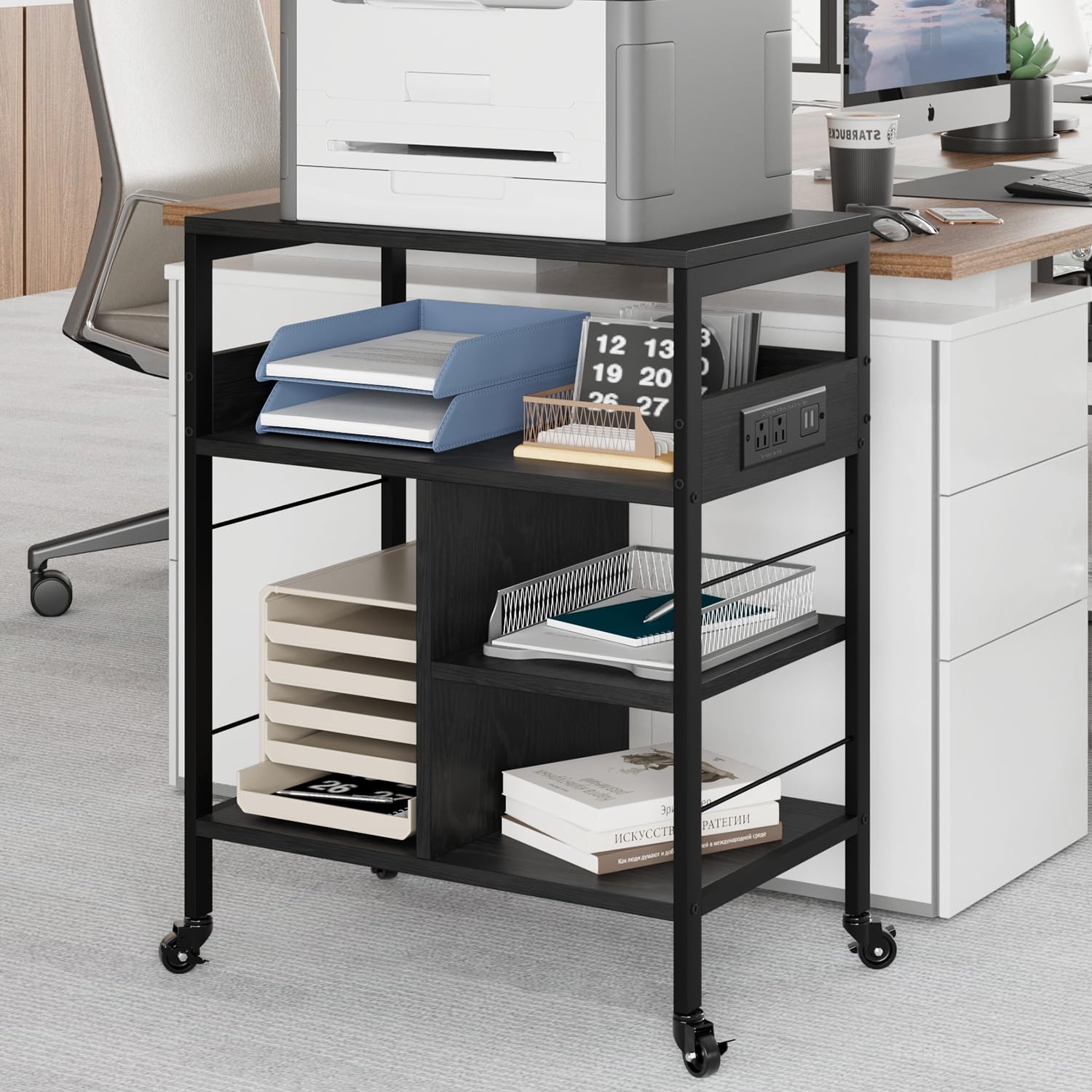 Garvee Meuble imprimante mobile à roulettes, 4 niveaux avec étagères, ports USB et prises intégrées, structure en acier robuste, noir rustique, pour bureau et maison