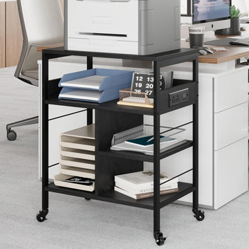 Garvee Meuble imprimante mobile à roulettes, 4 niveaux avec étagères, ports USB et prises intégrées, structure en acier robuste, noir rustique, pour bureau et maison