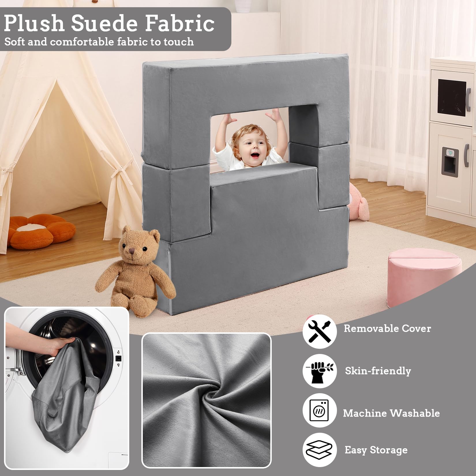 Canapé de jeu Garvee pour enfants, 6 pièces, modulaire, en mousse haute densité, housse amovible en microfibre, gris foncé, pour salle de jeux et chambre, 100 cm (L) x 50 cm (P) x 40 cm (H)