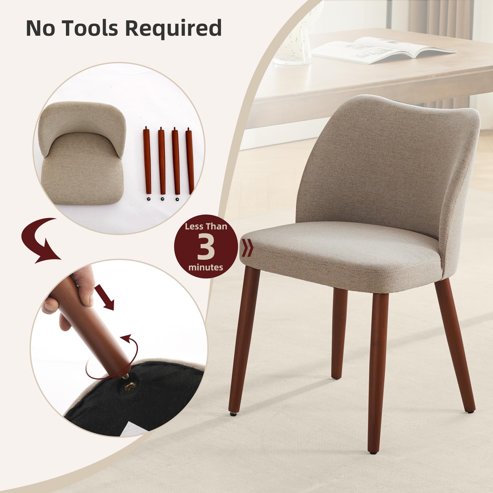 Chaises de salle à manger Garvee, lot de 2, revêtement en tissu et pieds en bois, pour restaurant/café, hauteur 78 cm, style moderne mi-siècle, gris