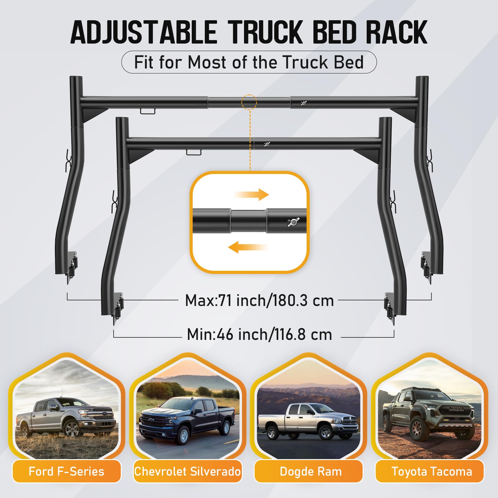 Porte-échelle Garvee réglable en acier robuste pour camionnettes, capacité de 363 kg (800 lb), extensible sans perçage, noir, pour le transport extérieur.