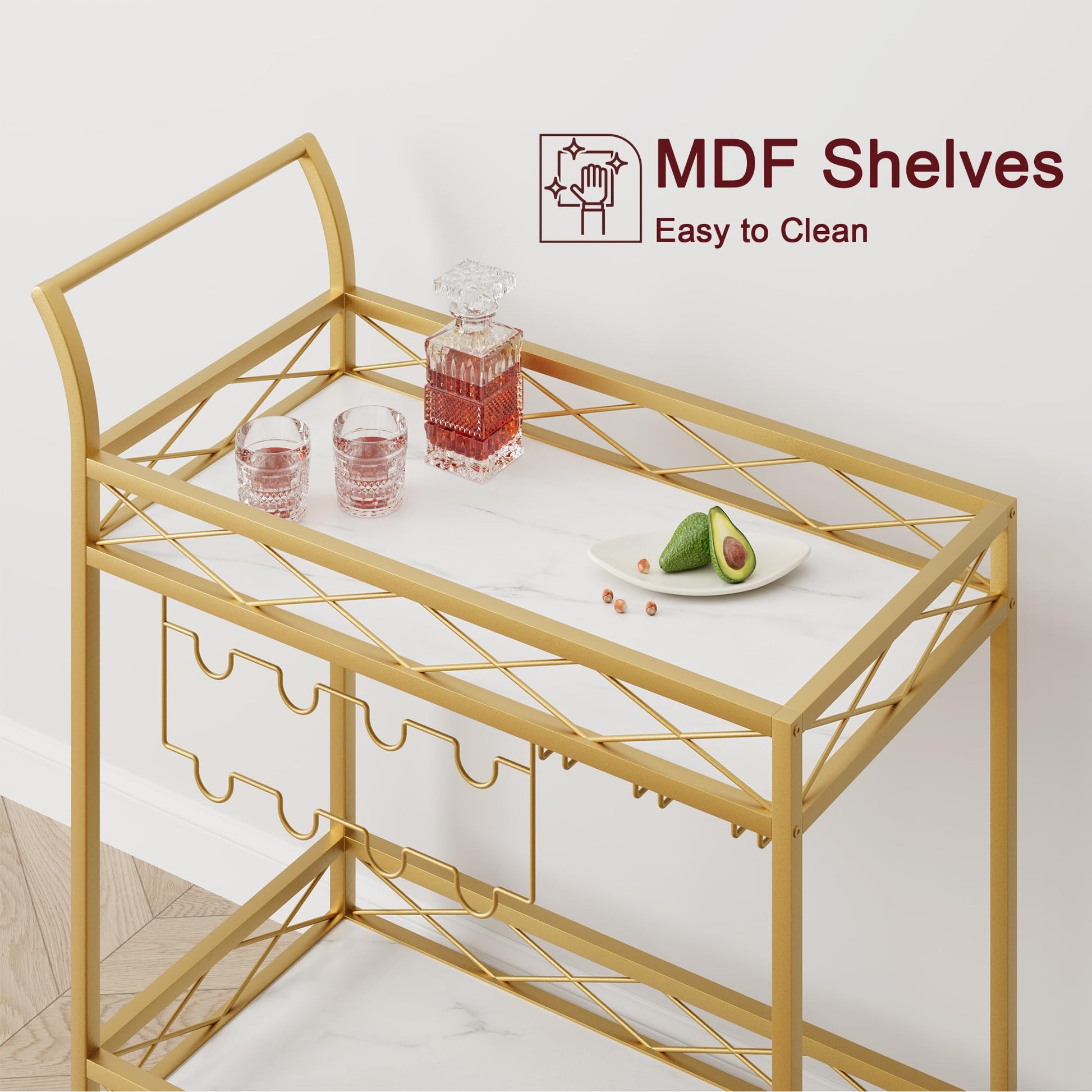 Chariot de bar Garvee Gold avec 2 étagères, casier à vin et porte-verres, structure en fer, étagères en marbre blanc et bois, 4 roues, pour cuisine et salon