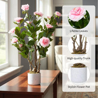 Ensemble de 2 camélias artificiels Garvee avec fleurs roses de 76 cm (30 po) dans un pot blanc moucheté, pour la maison et le bureau.