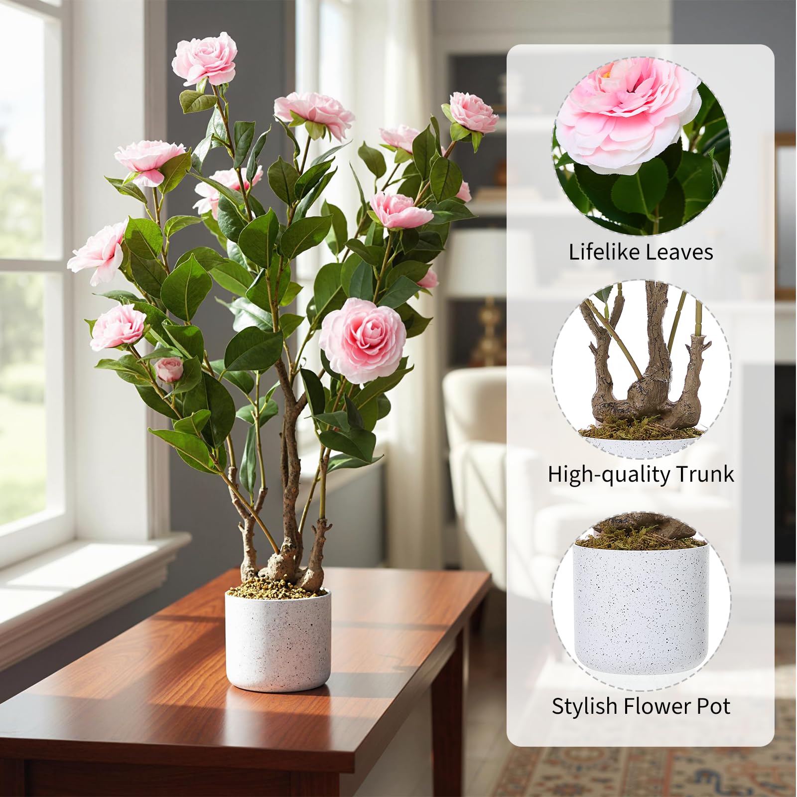 Camélia artificiel Garvee de 76 cm avec 16 fleurs roses, facile d'entretien, en polyester et PEVA, pot blanc pour la maison et le bureau