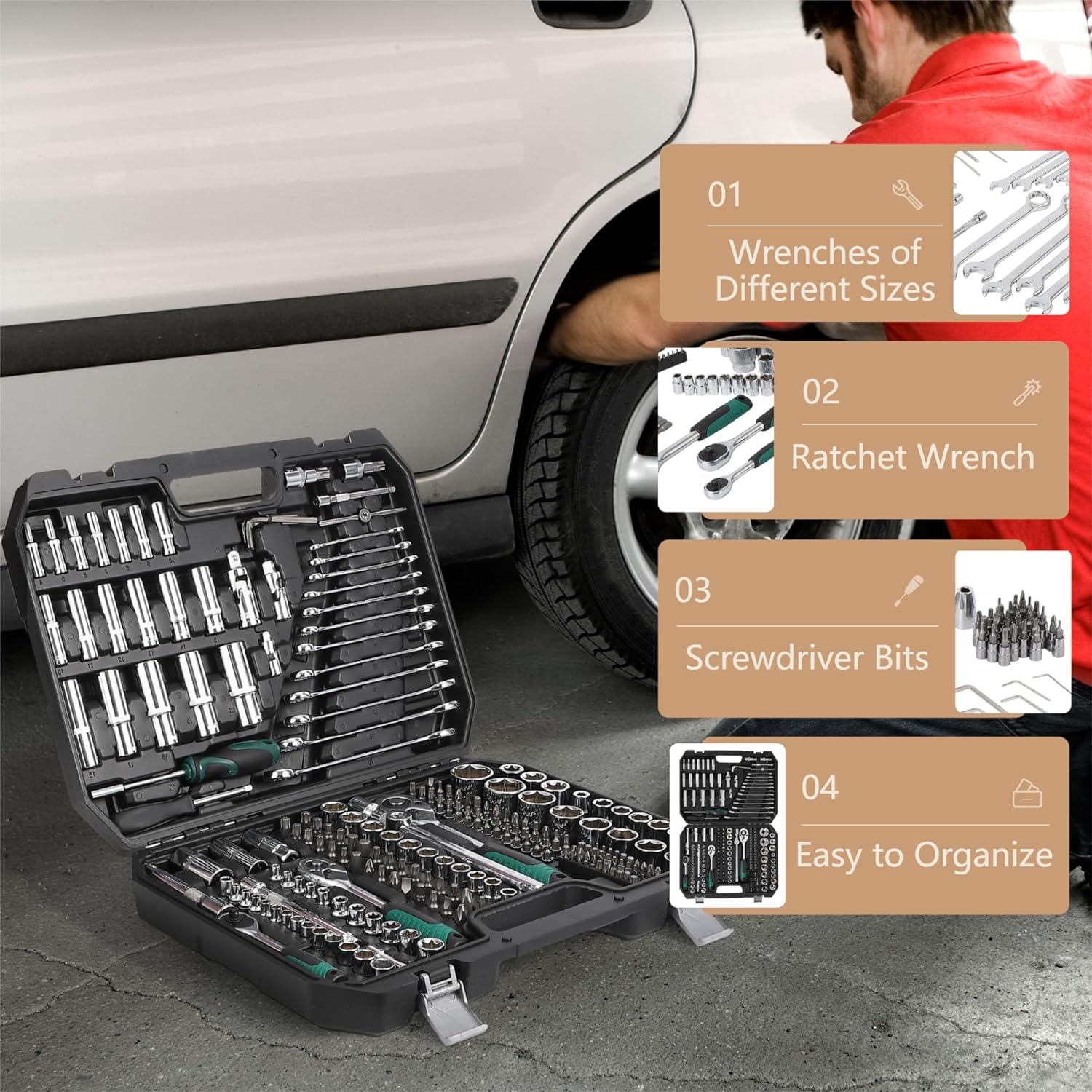 Coffret d'outils Garvee 216 pièces avec entraînements 1/4", 3/8" et 1/2", cliquet à changement rapide 72 dents, coffret robuste pour réparations automobiles et domestiques