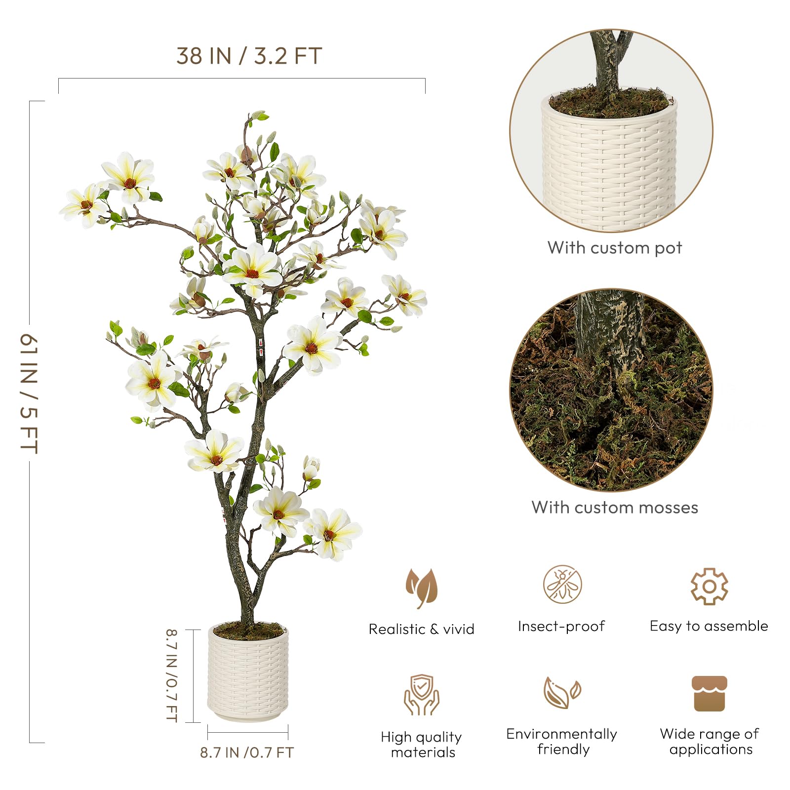 Garvee Plante artificielle de magnolia 150 cm en pot blanc, réaliste et durable, pour maison et bureau