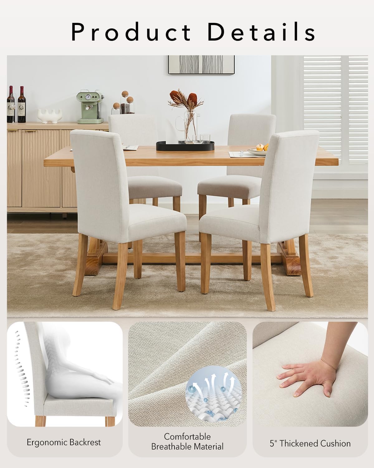 Chaises de salle à manger Garvee Parsons, lot de 2, rembourrées, ergonomiques, revêtement en lin, pieds en bois d'hévéa, pour la cuisine et le salon, beige