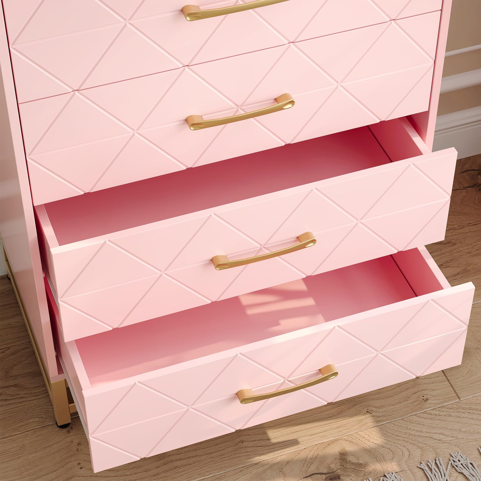 Commode Garvee à 4 tiroirs, poignées en métal, rose, bois, pieds en métal robustes, gain de place, pour salon et bureau