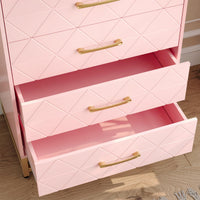Commode Garvee à 4 tiroirs, poignées en métal, rose, bois, pieds en métal robustes, gain de place, pour salon et bureau